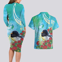 New Zealand Tomtit Couples Matching Long Sleeve Bodycon Dress and Hawaiian Shirt Maori Koru With Pohutukawa Galaxy Style - Polynesian Pride