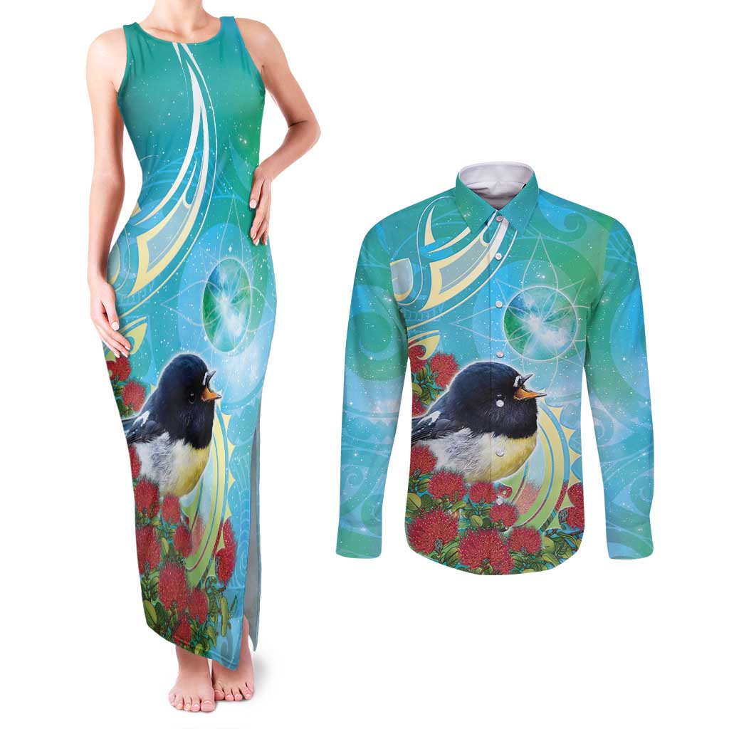 New Zealand Tomtit Couples Matching Tank Maxi Dress and Long Sleeve Button Shirt Maori Koru With Pohutukawa Galaxy Style - Polynesian Pride