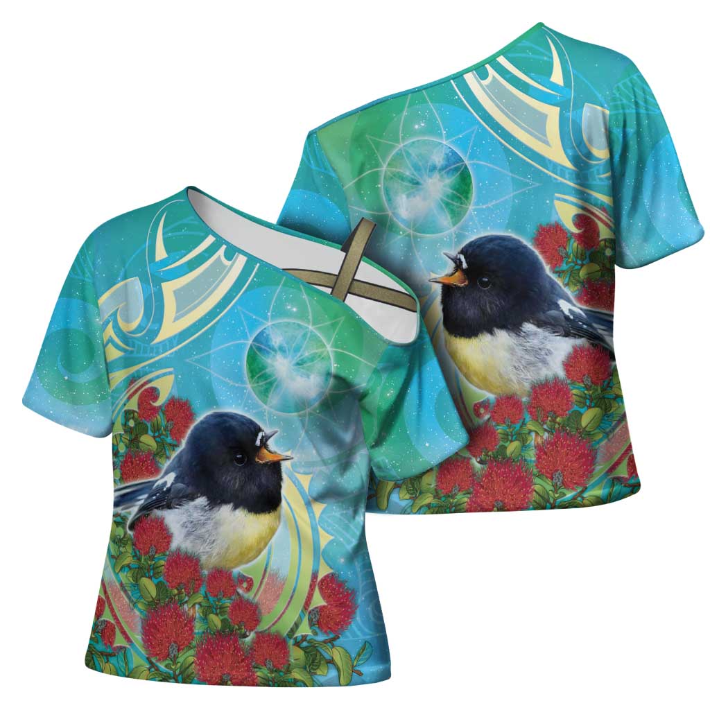 New Zealand Tomtit Cross Shoulder Shirt Maori Koru With Pohutukawa Galaxy Style - Polynesian Pride