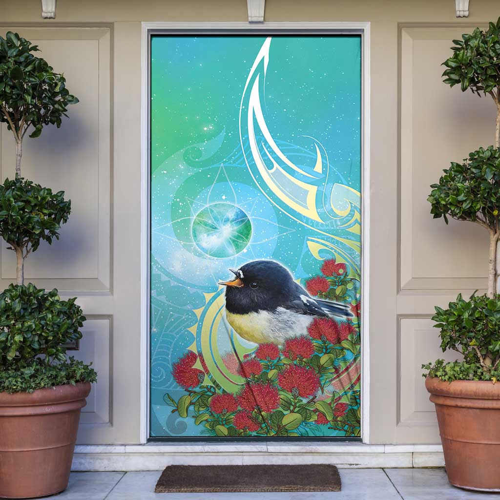 New Zealand Tomtit Door Cover Maori Koru With Pohutukawa Galaxy Style - Polynesian Pride