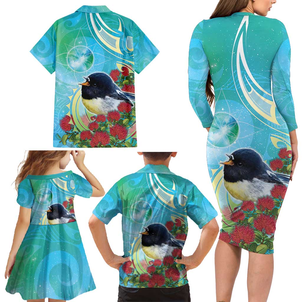 New Zealand Tomtit Family Matching Long Sleeve Bodycon Dress and Hawaiian Shirt Maori Koru With Pohutukawa Galaxy Style - Polynesian Pride