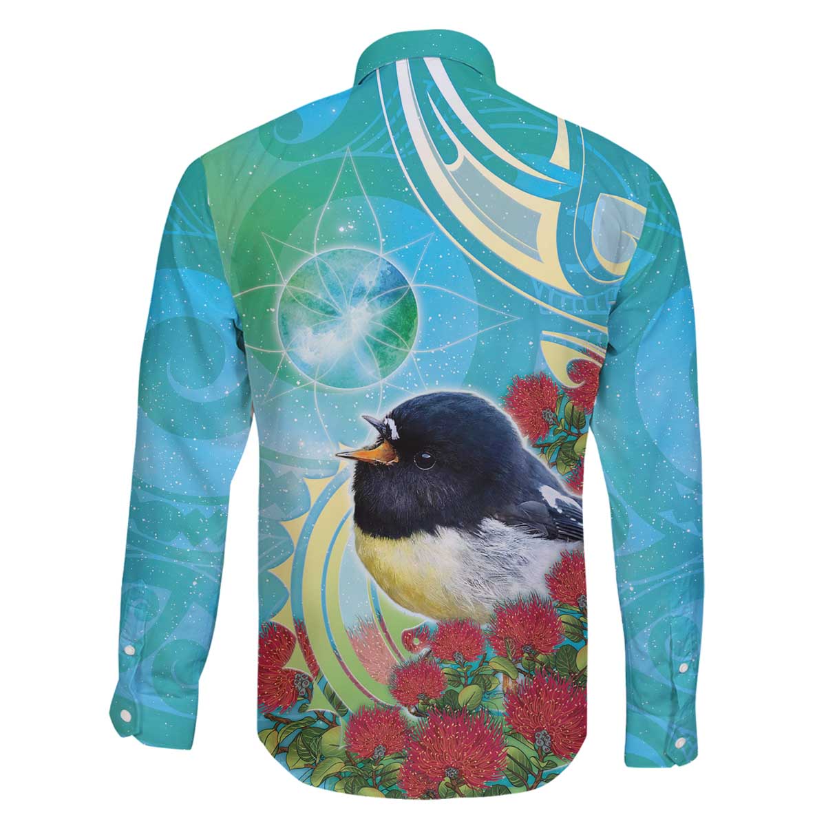 New Zealand Tomtit Family Matching Off The Shoulder Long Sleeve Dress and Hawaiian Shirt Maori Koru With Pohutukawa Galaxy Style - Polynesian Pride
