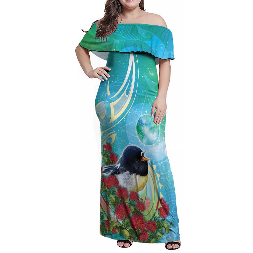 New Zealand Tomtit Family Matching Off Shoulder Maxi Dress and Hawaiian Shirt Maori Koru With Pohutukawa Galaxy Style - Polynesian Pride