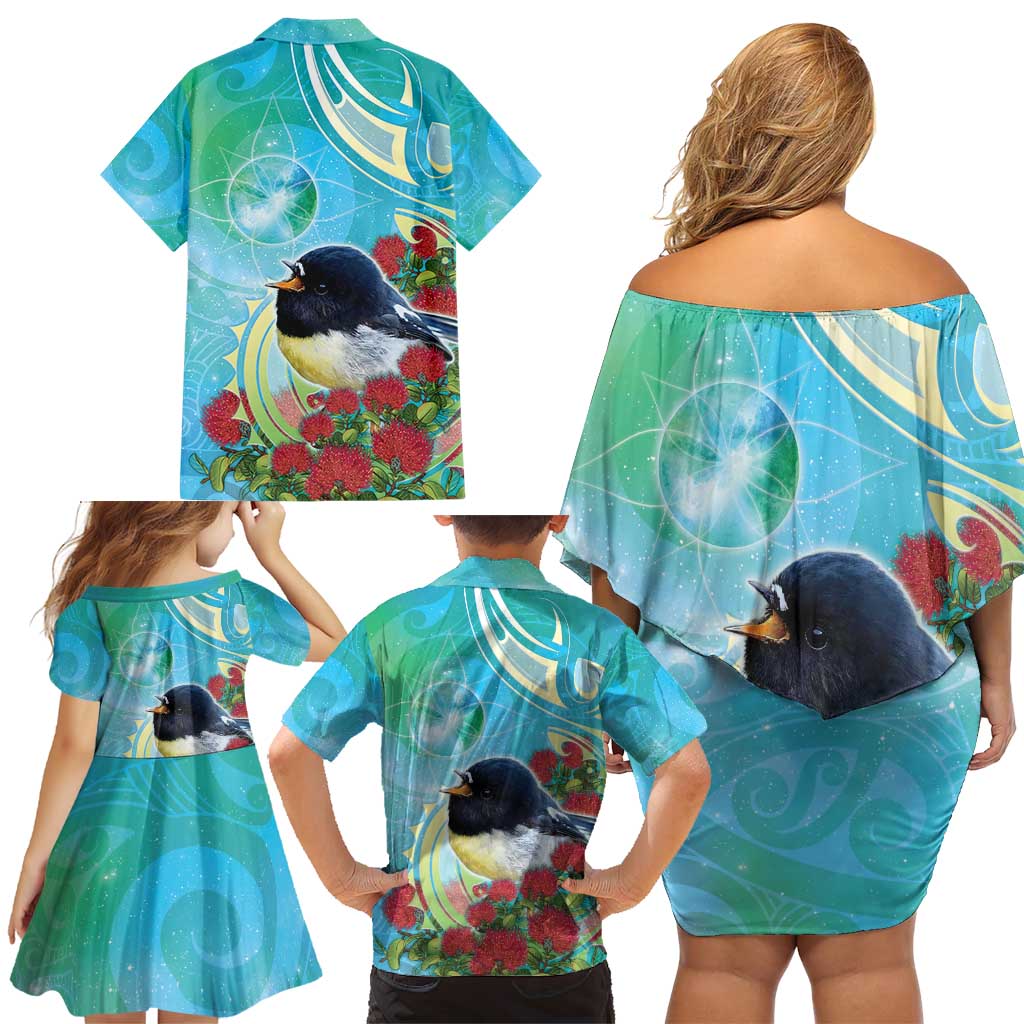 New Zealand Tomtit Family Matching Off Shoulder Short Dress and Hawaiian Shirt Maori Koru With Pohutukawa Galaxy Style - Polynesian Pride