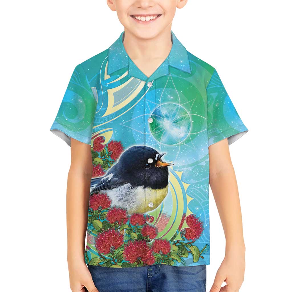 New Zealand Tomtit Family Matching Summer Maxi Dress and Hawaiian Shirt Maori Koru With Pohutukawa Galaxy Style - Polynesian Pride