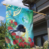 New Zealand Tomtit Garden Flag Maori Koru With Pohutukawa Galaxy Style - Polynesian Pride