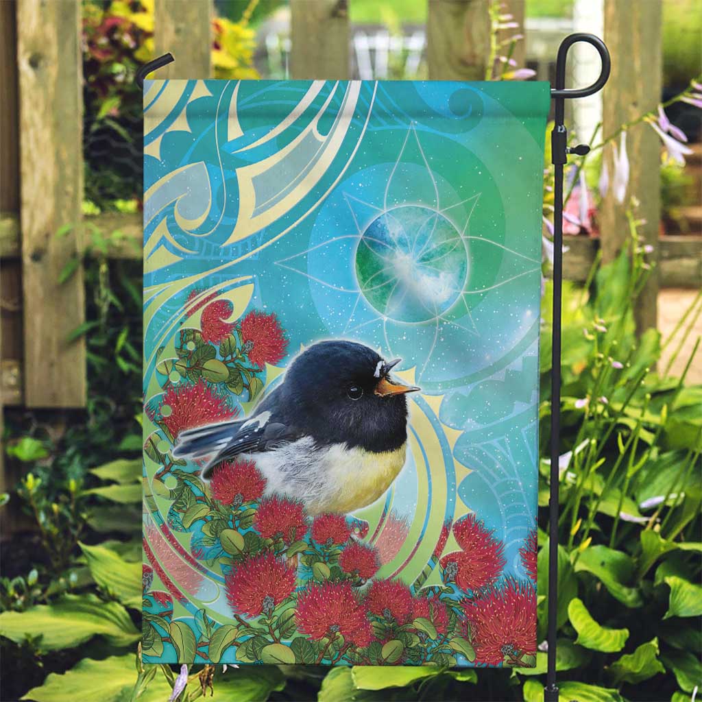 New Zealand Tomtit Garden Flag Maori Koru With Pohutukawa Galaxy Style - Polynesian Pride