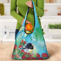 New Zealand Tomtit Grocery Bag Maori Koru With Pohutukawa Galaxy Style - Polynesian Pride