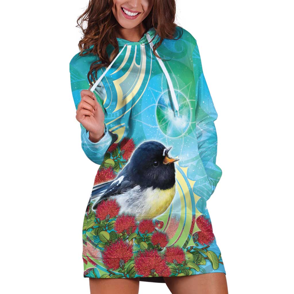 New Zealand Tomtit Hoodie Dress Maori Koru With Pohutukawa Galaxy Style - Polynesian Pride