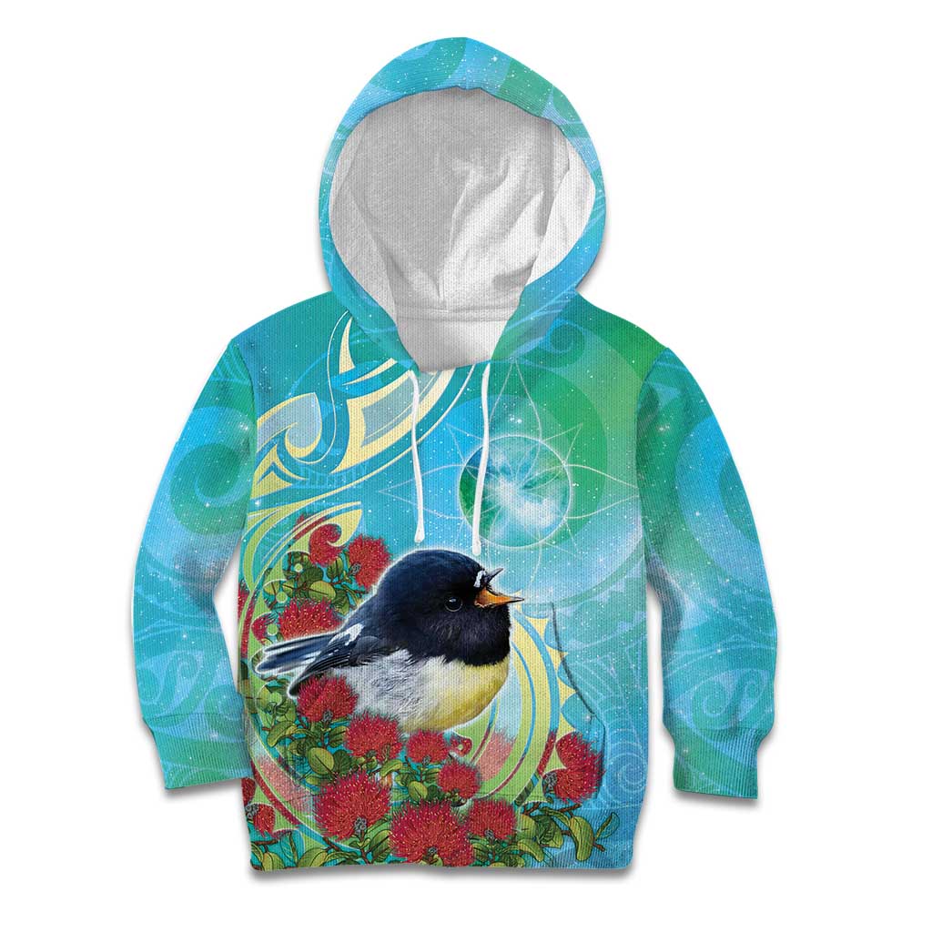 New Zealand Tomtit Kid Hoodie Maori Koru With Pohutukawa Galaxy Style - Polynesian Pride