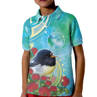 New Zealand Tomtit Kid Polo Shirt Maori Koru With Pohutukawa Galaxy Style - Polynesian Pride