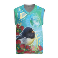 New Zealand Tomtit Christmas Knitted V-Neck Vest Maori Koru With Pohutukawa Galaxy Style LT05 Aqua - Polynesian Pride