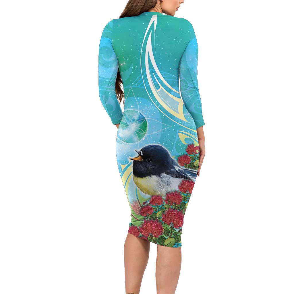 New Zealand Tomtit Long Sleeve Bodycon Dress Maori Koru With Pohutukawa Galaxy Style - Polynesian Pride