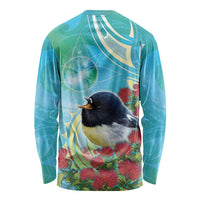 New Zealand Tomtit Long Sleeve Shirt Maori Koru With Pohutukawa Galaxy Style - Polynesian Pride