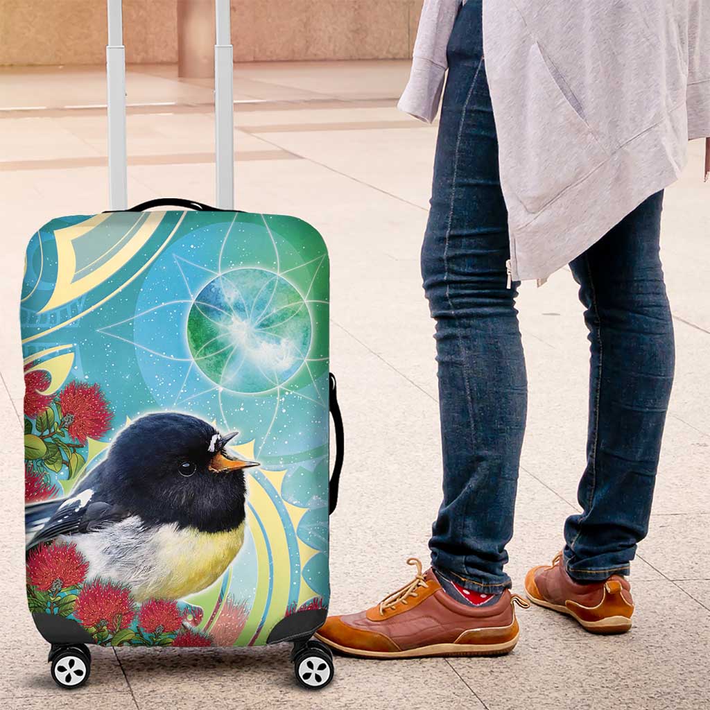 New Zealand Tomtit Luggage Cover Maori Koru With Pohutukawa Galaxy Style - Polynesian Pride