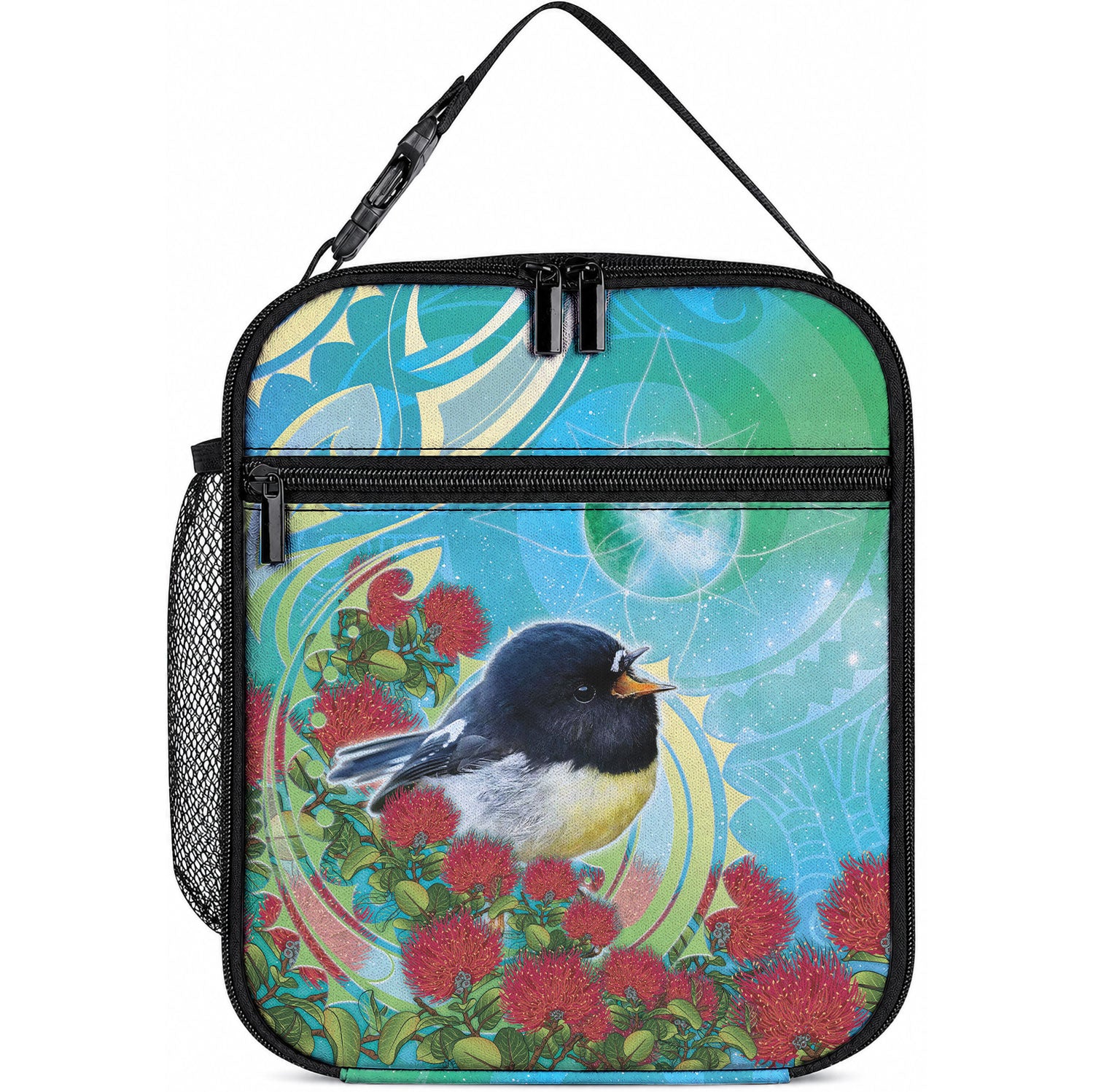 New Zealand Tomtit Lunch Bag Maori Koru With Pohutukawa Galaxy Style LT05 10.2 × 8.3 × 4.3 inch Aqua - Polynesian Pride