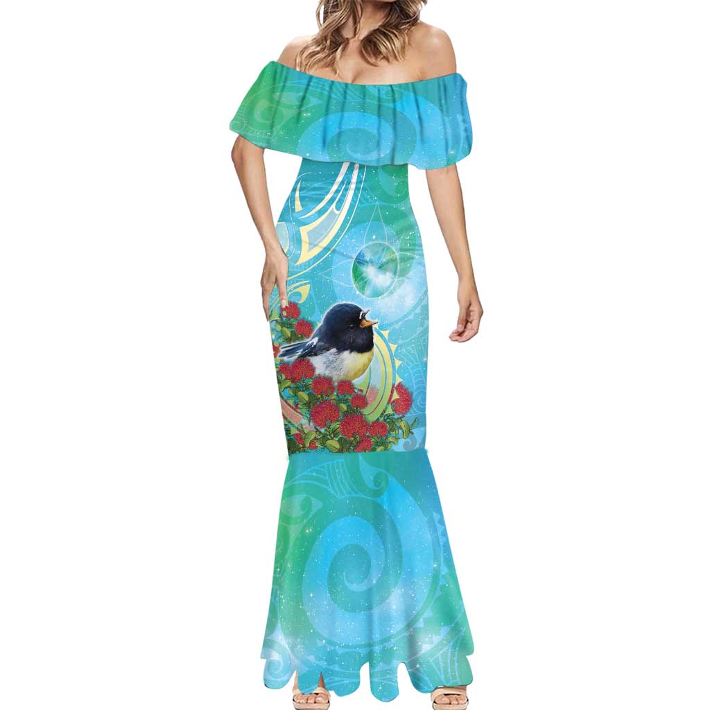 New Zealand Tomtit Mermaid Dress Maori Koru With Pohutukawa Galaxy Style - Polynesian Pride