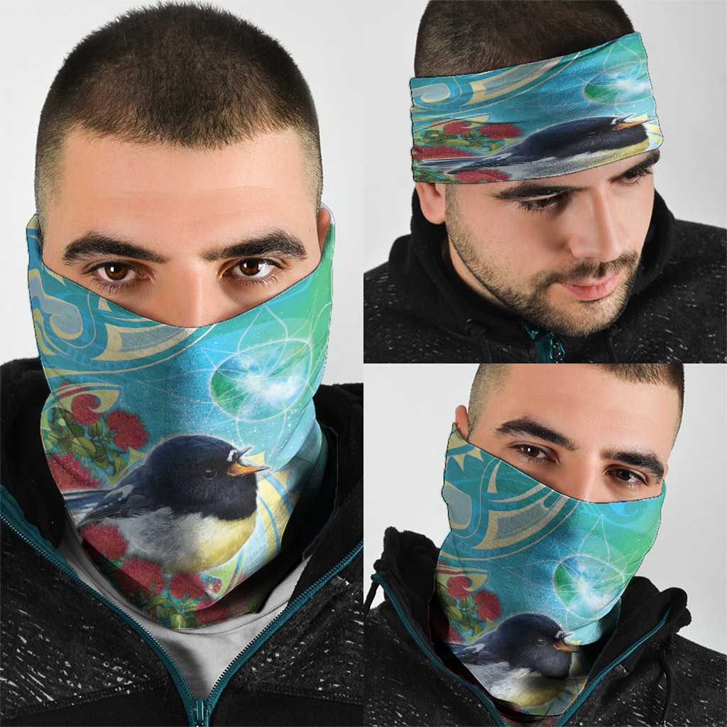 New Zealand Tomtit Neck Gaiter Maori Koru With Pohutukawa Galaxy Style - Polynesian Pride