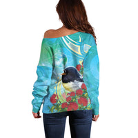 New Zealand Tomtit Off Shoulder Sweater Maori Koru With Pohutukawa Galaxy Style - Polynesian Pride