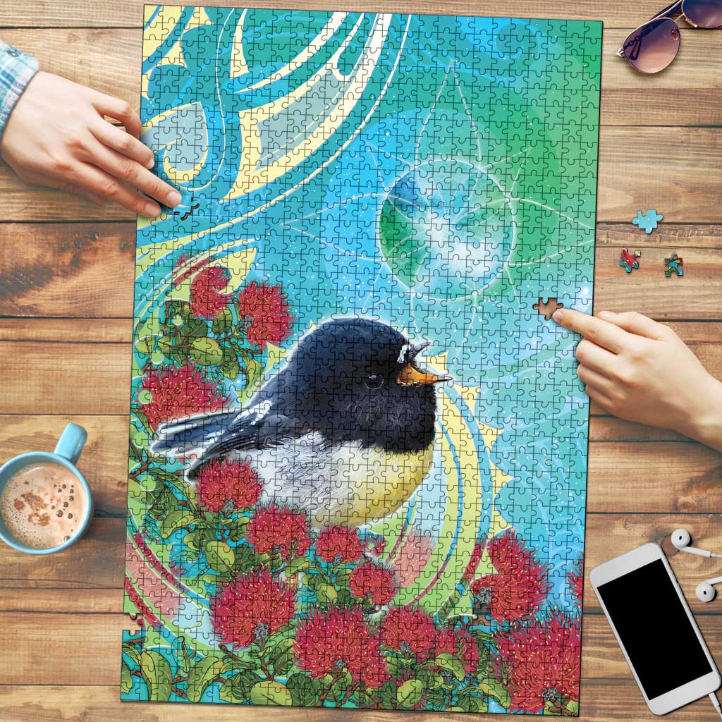 New Zealand Tomtit Puzzle Maori Koru With Pohutukawa Galaxy Style - Polynesian Pride