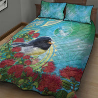 New Zealand Tomtit Quilt Bed Set Maori Koru With Pohutukawa Galaxy Style - Polynesian Pride