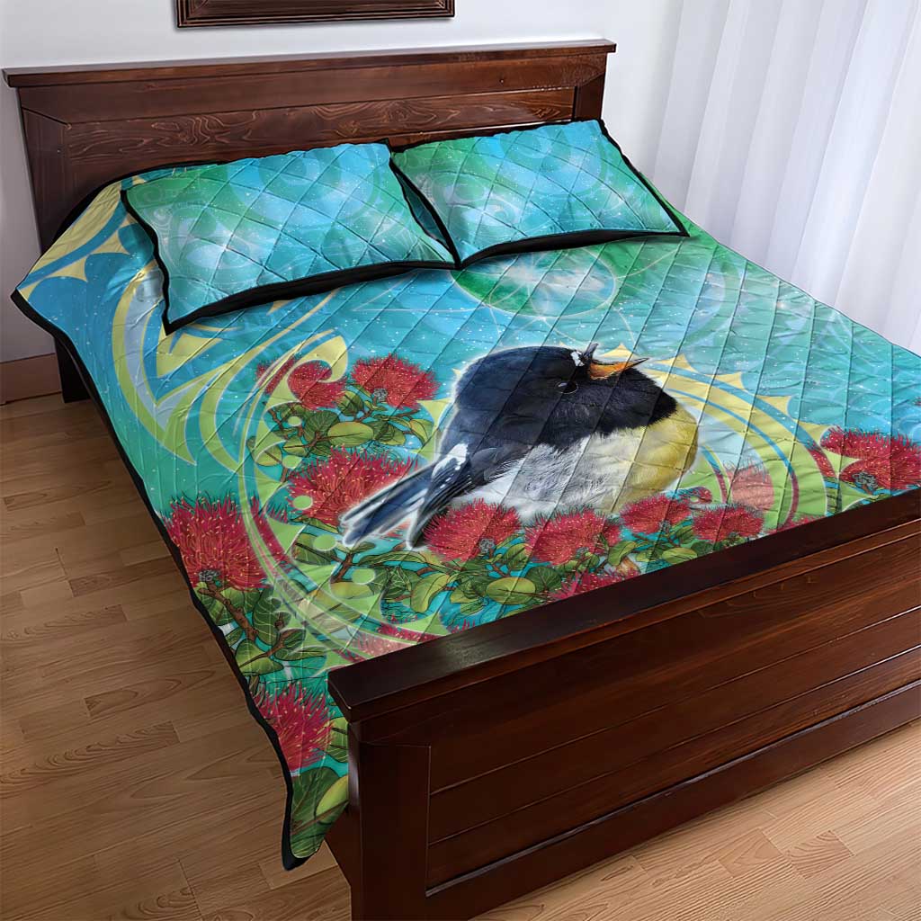 New Zealand Tomtit Quilt Bed Set Maori Koru With Pohutukawa Galaxy Style - Polynesian Pride