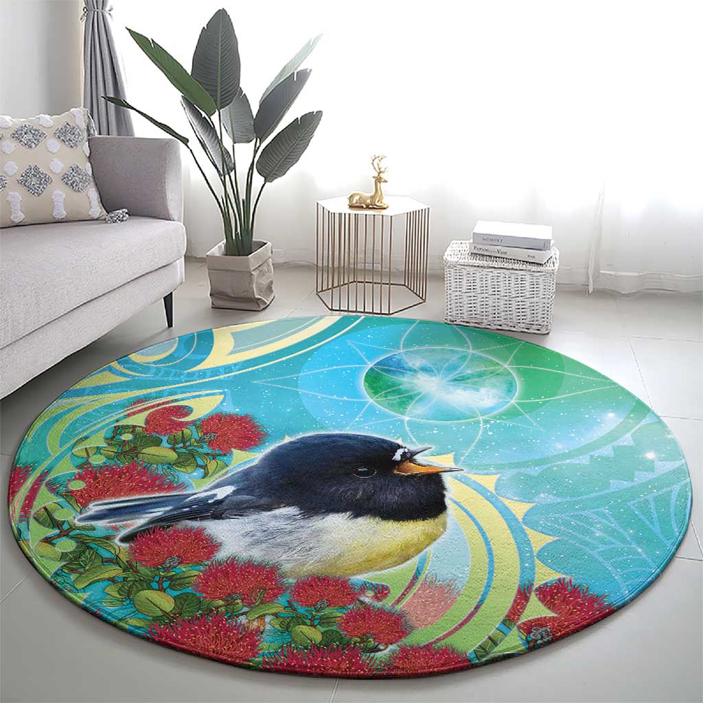 New Zealand Tomtit Round Carpet Maori Koru With Pohutukawa Galaxy Style - Polynesian Pride