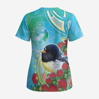 New Zealand Tomtit Scrub Top Maori Koru With Pohutukawa Galaxy Style - Polynesian Pride