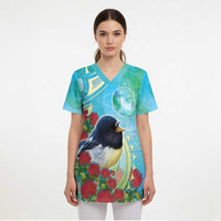 New Zealand Tomtit Scrub Top Maori Koru With Pohutukawa Galaxy Style - Polynesian Pride