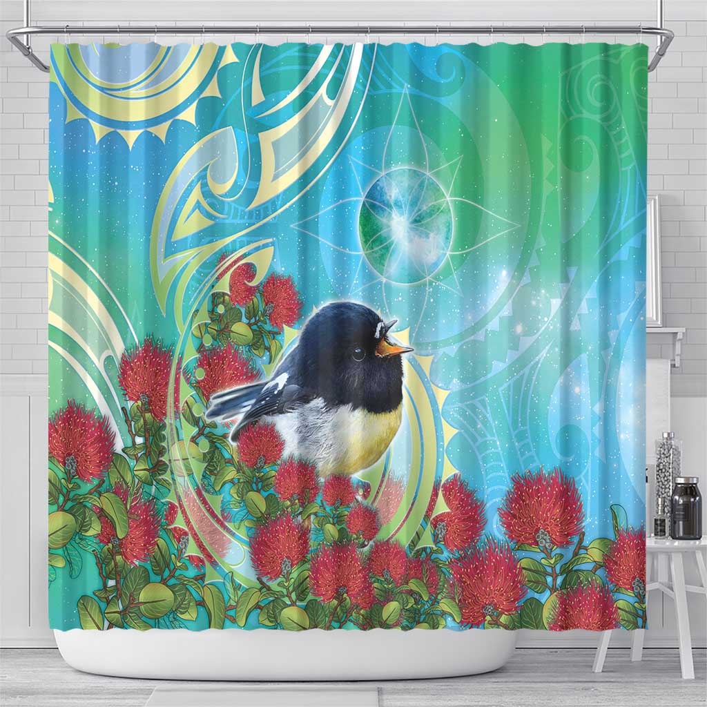 New Zealand Tomtit Shower Curtain Maori Koru With Pohutukawa Galaxy Style - Polynesian Pride