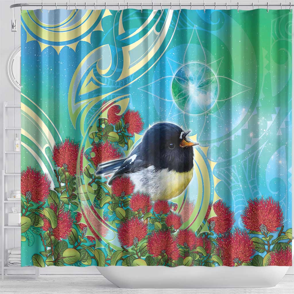 New Zealand Tomtit Shower Curtain Maori Koru With Pohutukawa Galaxy Style - Polynesian Pride