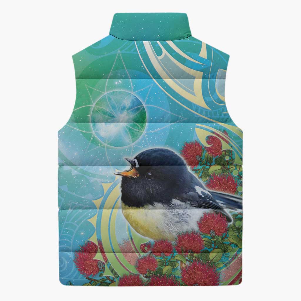 New Zealand Tomtit Sleeveless Puffer Jacket Maori Koru With Pohutukawa Galaxy Style - Polynesian Pride