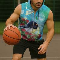 New Zealand Tomtit Sleeveless Zip Hoodie Maori Koru With Pohutukawa Galaxy Style - Polynesian Pride