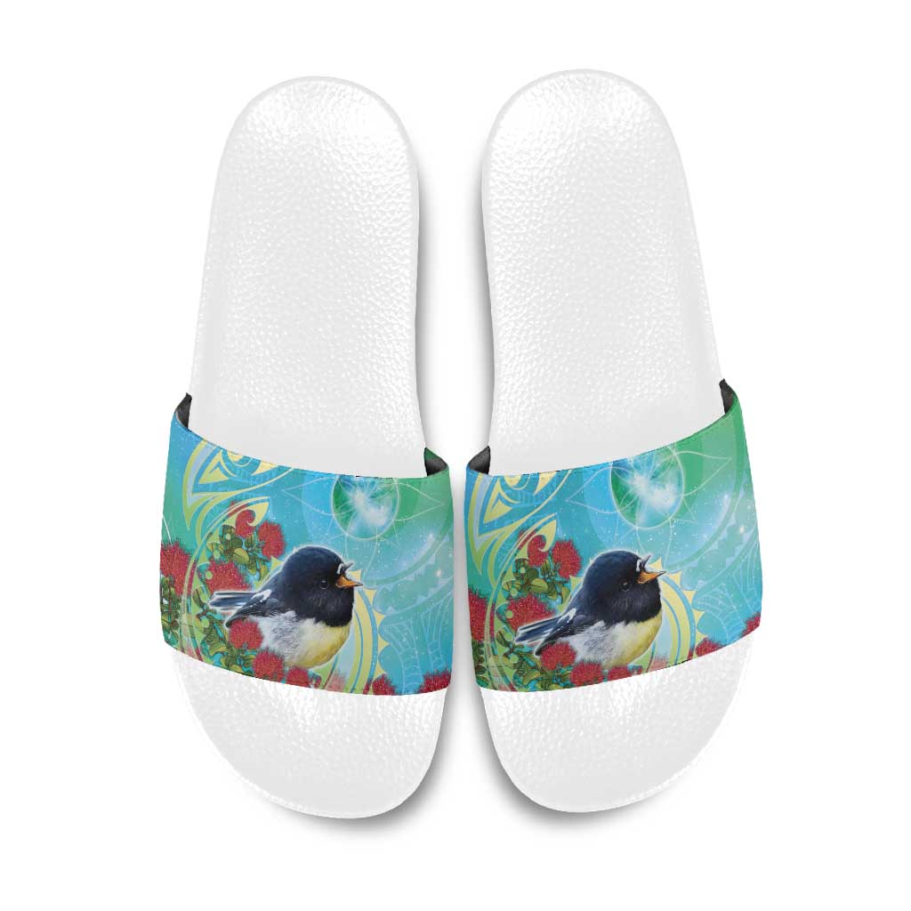 New Zealand Tomtit Slide Sandals Maori Koru With Pohutukawa Galaxy Style - Polynesian Pride