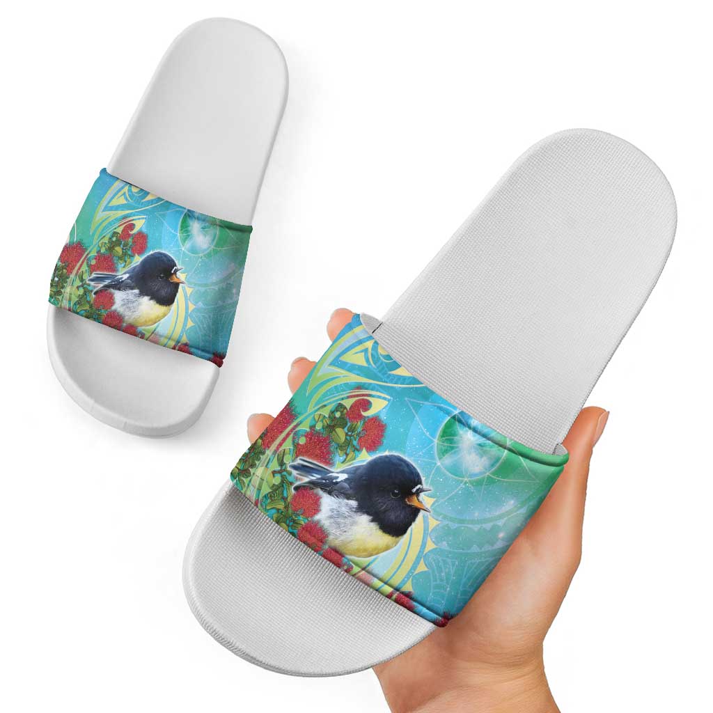 New Zealand Tomtit Slide Sandals Maori Koru With Pohutukawa Galaxy Style - Polynesian Pride