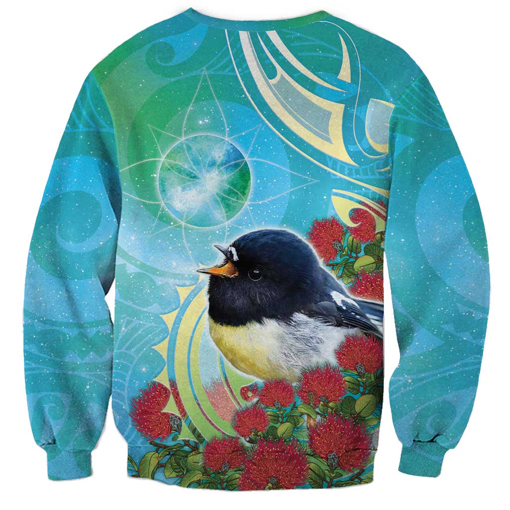 New Zealand Tomtit Sweatshirt Maori Koru With Pohutukawa Galaxy Style - Polynesian Pride