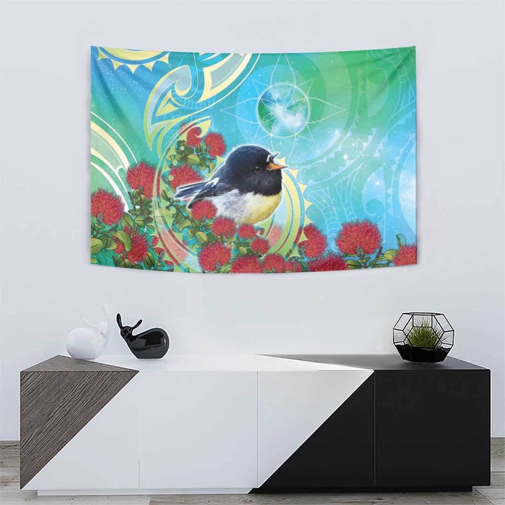 New Zealand Tomtit Tapestry Maori Koru With Pohutukawa Galaxy Style - Polynesian Pride