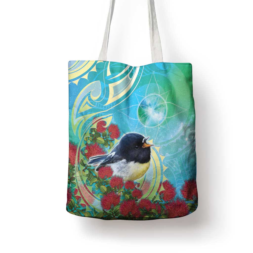 New Zealand Tomtit Tote Bag Maori Koru With Pohutukawa Galaxy Style - Polynesian Pride