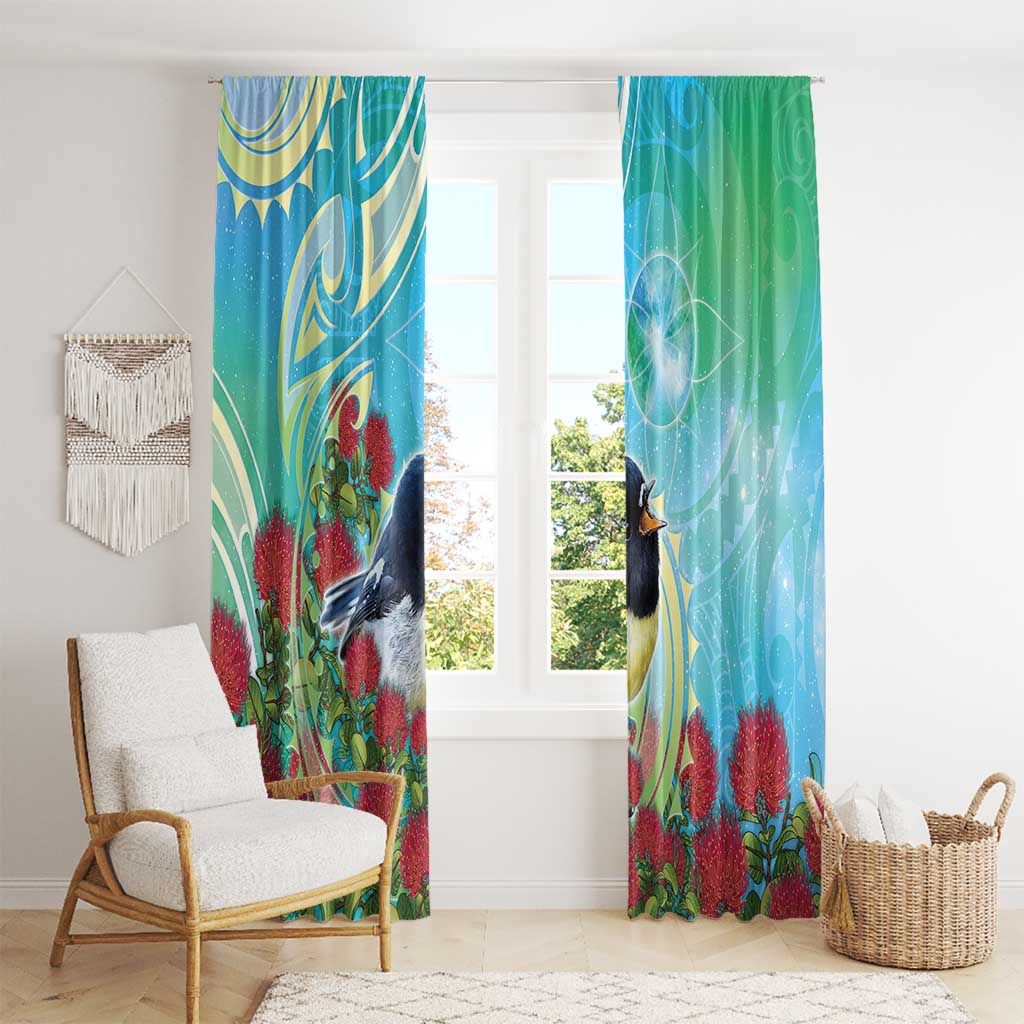 New Zealand Tomtit Window Curtain Maori Koru With Pohutukawa Galaxy Style - Polynesian Pride