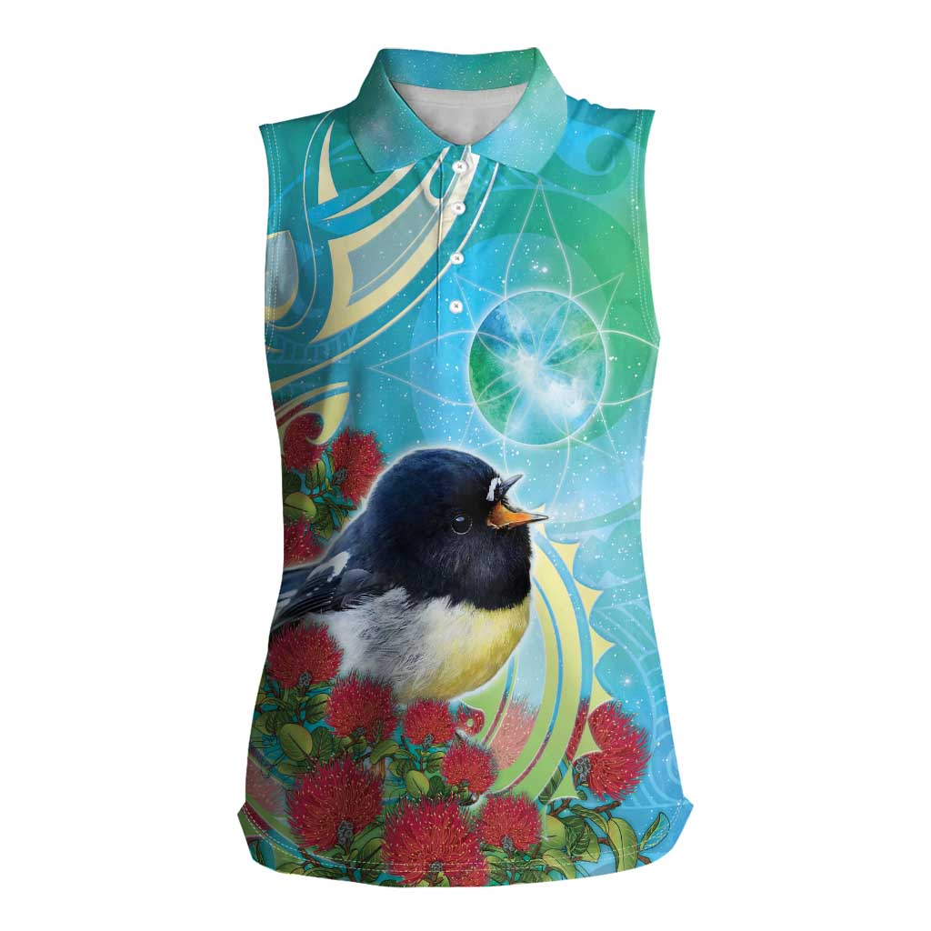 New Zealand Tomtit Women Sleeveless Polo Shirt Maori Koru With Pohutukawa Galaxy Style - Polynesian Pride