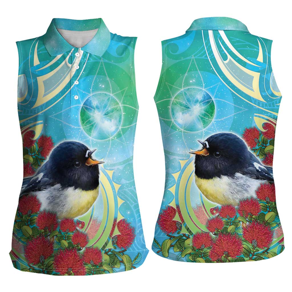 New Zealand Tomtit Women Sleeveless Polo Shirt Maori Koru With Pohutukawa Galaxy Style - Polynesian Pride