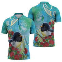 New Zealand Tomtit Zipper Polo Shirt Maori Koru With Pohutukawa Galaxy Style - Polynesian Pride
