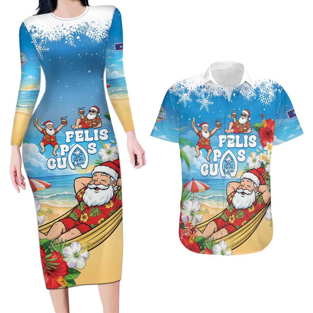Guam Christmas Couples Matching Long Sleeve Bodycon Dress and Hawaiian Shirt Felis Pasgua Chilling Santa LT05 Blue - Polynesian Pride