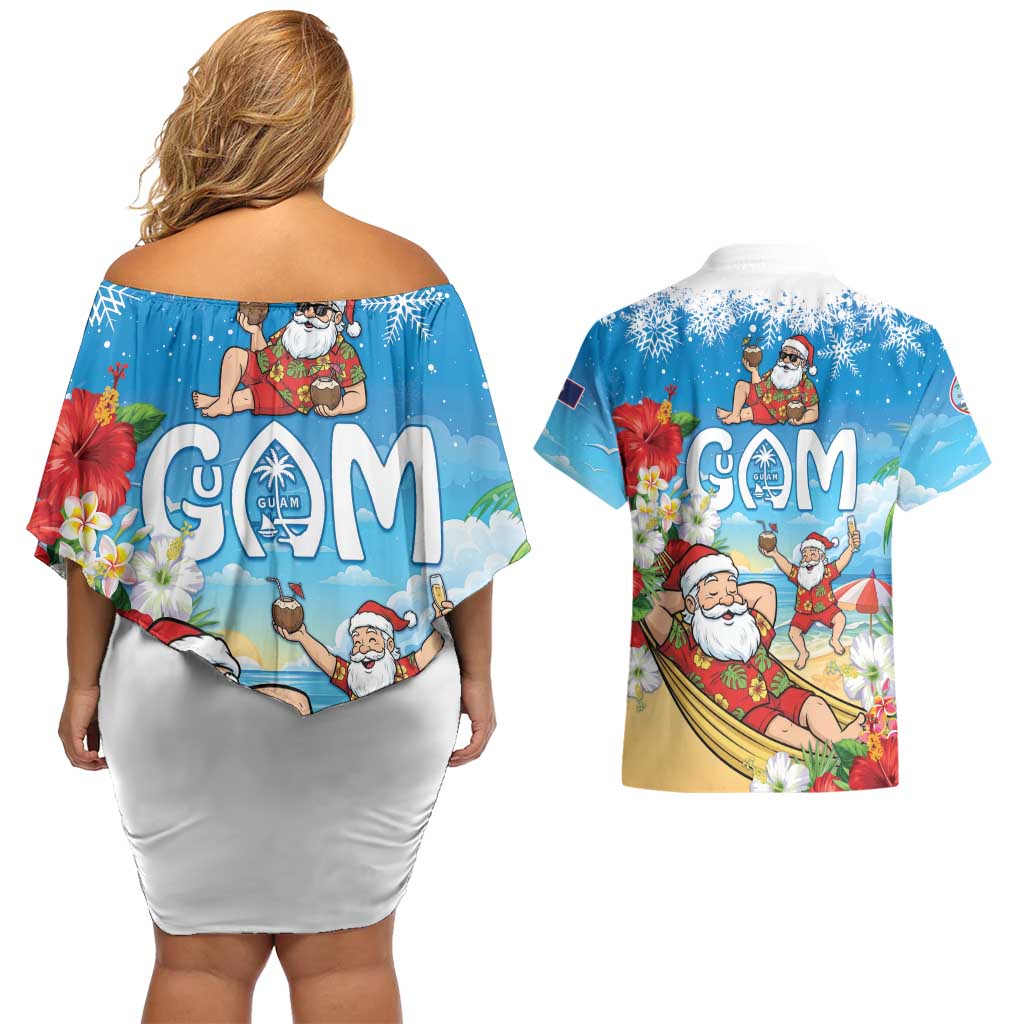 Guam Christmas Couples Matching Off Shoulder Short Dress and Hawaiian Shirt Felis Pasgua Chilling Santa - Polynesian Pride