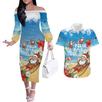 Guam Christmas Couples Matching Off The Shoulder Long Sleeve Dress and Hawaiian Shirt Felis Pasgua Chilling Santa LT05 Blue - Polynesian Pride