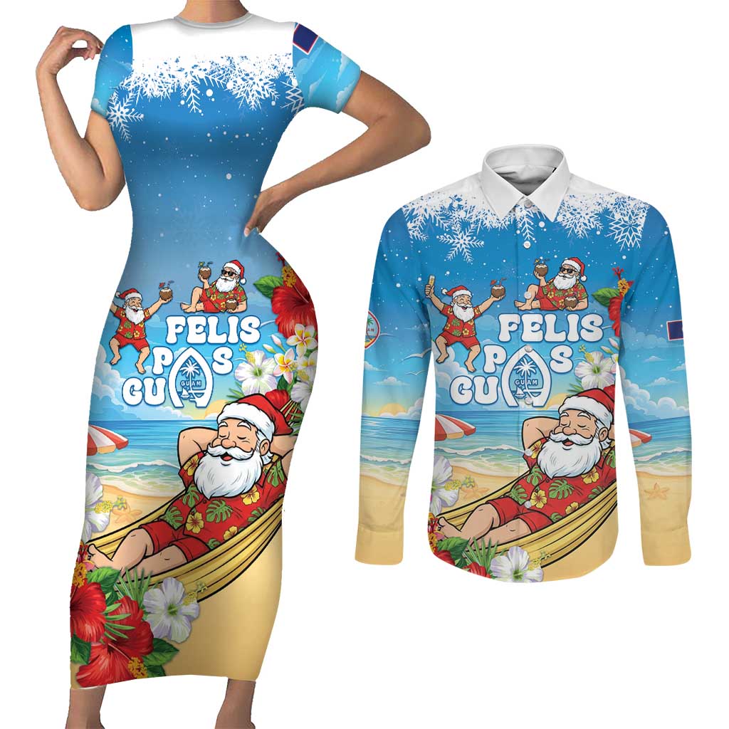 Guam Christmas Couples Matching Short Sleeve Bodycon Dress and Long Sleeve Button Shirt Felis Pasgua Chilling Santa - Polynesian Pride