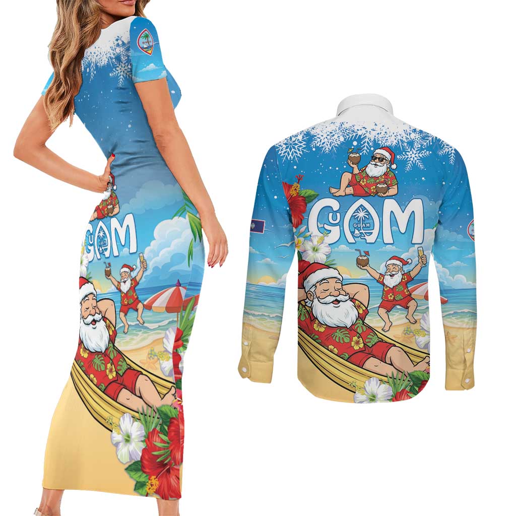 Guam Christmas Couples Matching Short Sleeve Bodycon Dress and Long Sleeve Button Shirt Felis Pasgua Chilling Santa - Polynesian Pride