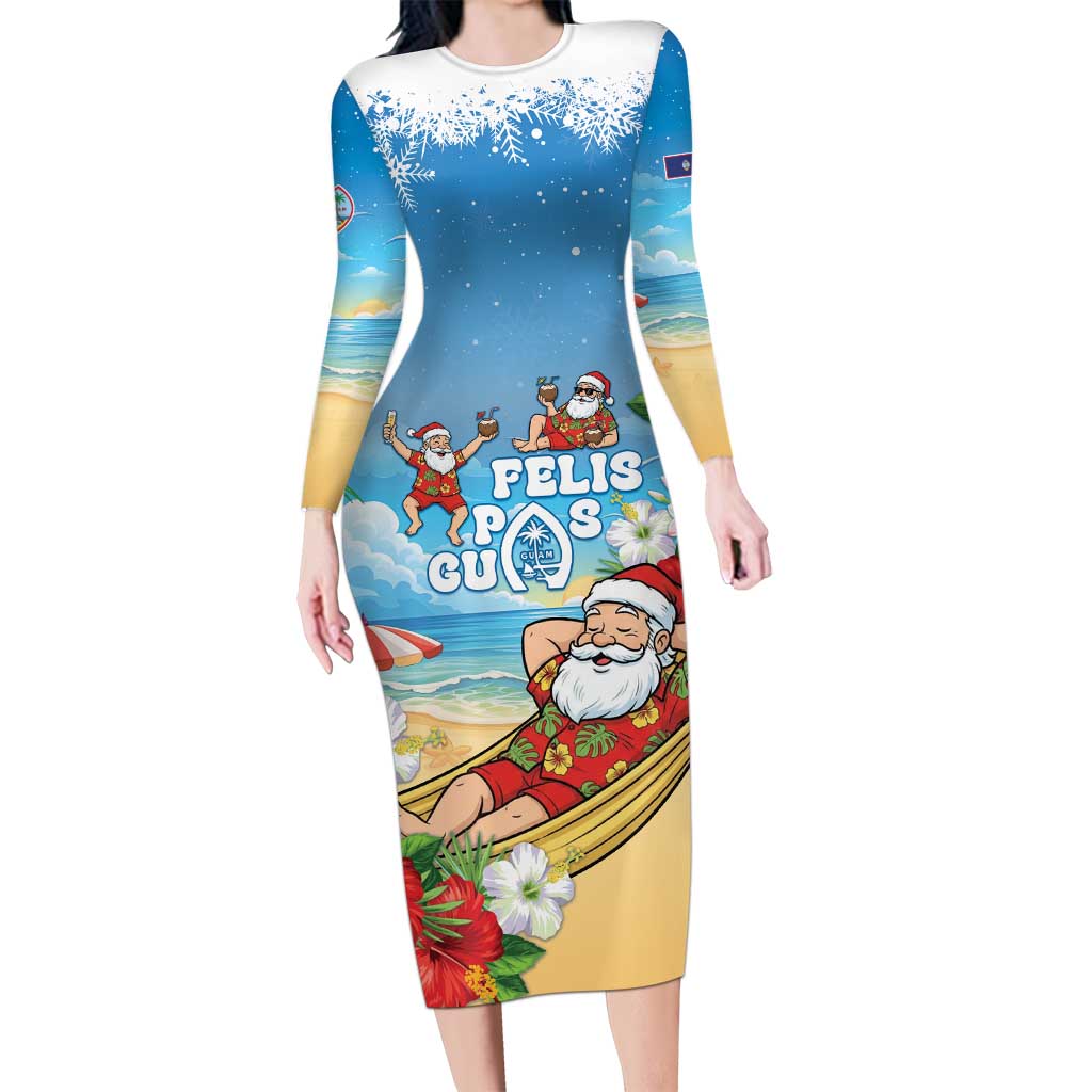Guam Christmas Family Matching Long Sleeve Bodycon Dress and Hawaiian Shirt Felis Pasgua Chilling Santa LT05 Mom's Dress Blue - Polynesian Pride