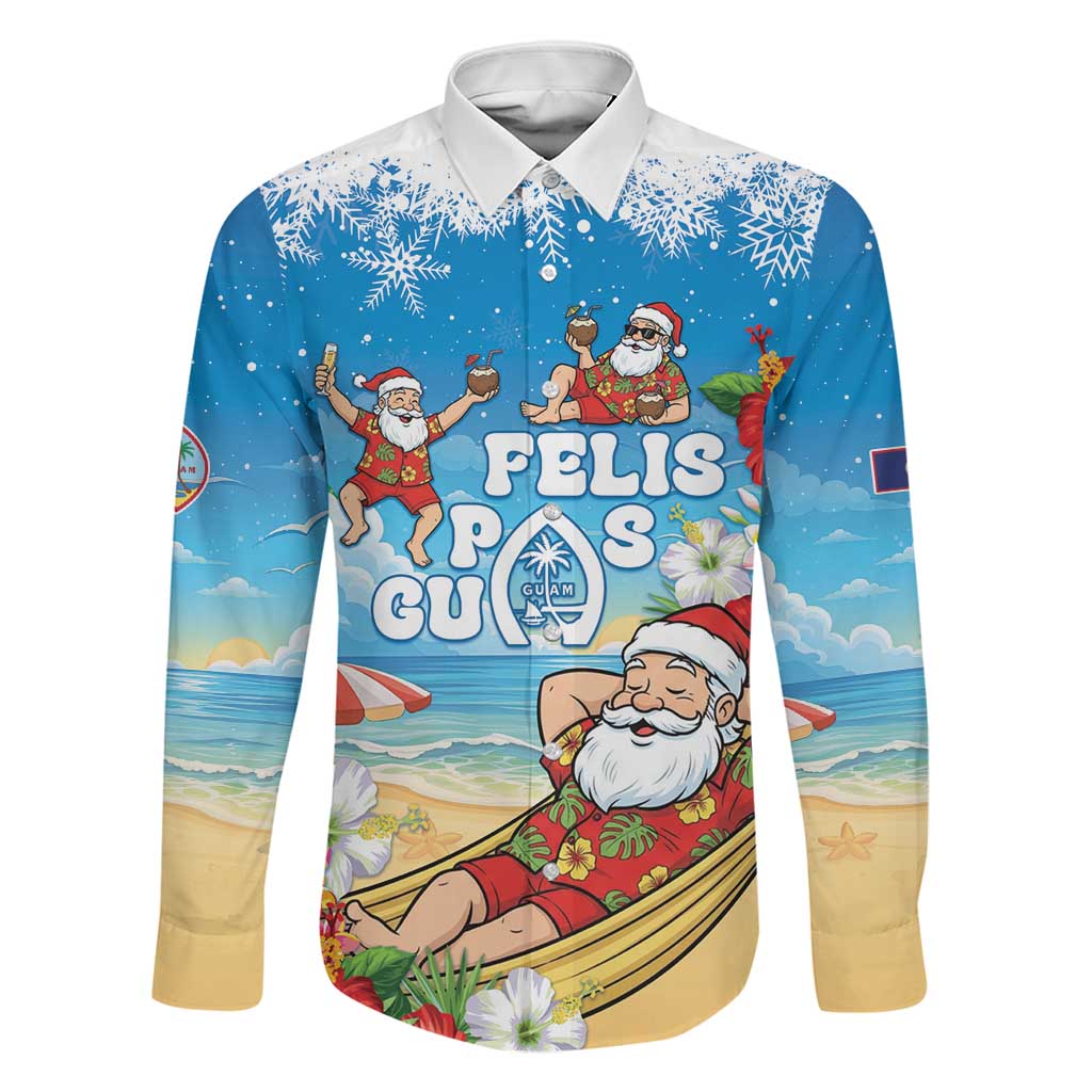 Guam Christmas Family Matching Mermaid Dress and Hawaiian Shirt Felis Pasgua Chilling Santa LT05 Dad's Shirt - Long Sleeve Blue - Polynesian Pride