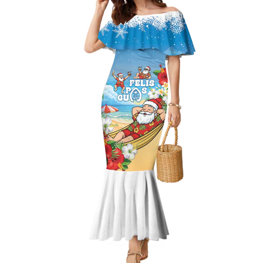 Guam Christmas Family Matching Mermaid Dress and Hawaiian Shirt Felis Pasgua Chilling Santa LT05 Mom's Dress Blue - Polynesian Pride